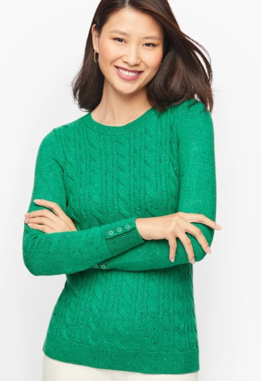 TALBOTS Green Button Cuff Cable Knit Tweed Sweater Extra Large Petite Cotton Bld